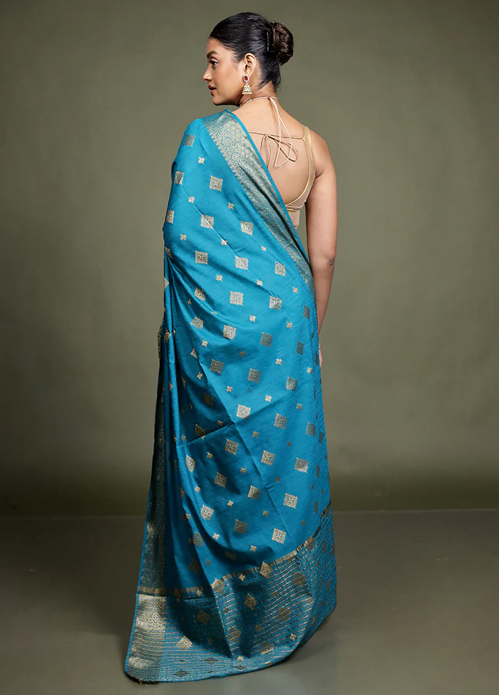 Blue Dupion Silk Saree With Blouse Piece - Image 3