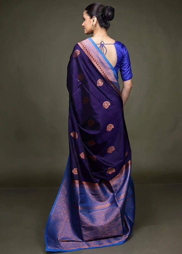 Blue Dupion Silk Saree With Blouse Piece - Image 3