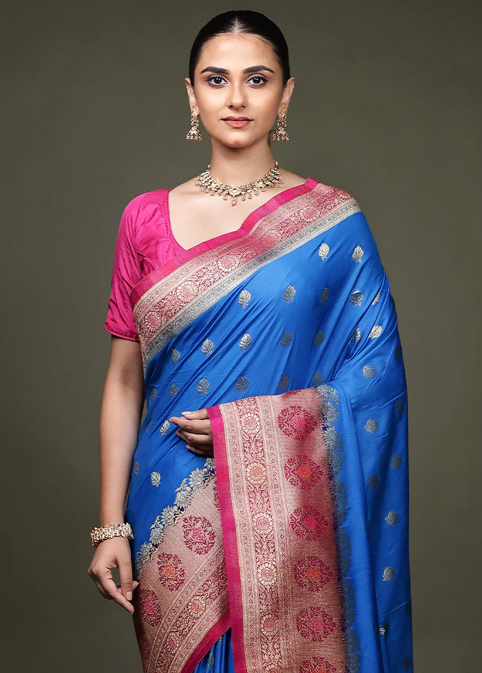 Blue Dupion Silk Saree With Blouse Piece