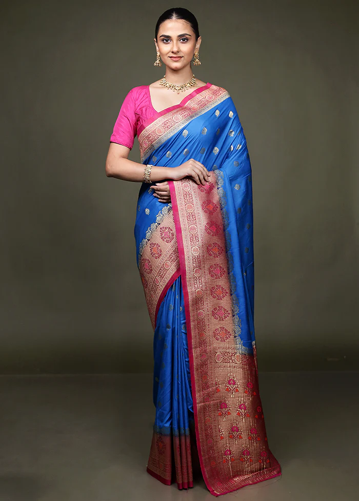 Blue Dupion Silk Saree With Blouse Piece - Image 2
