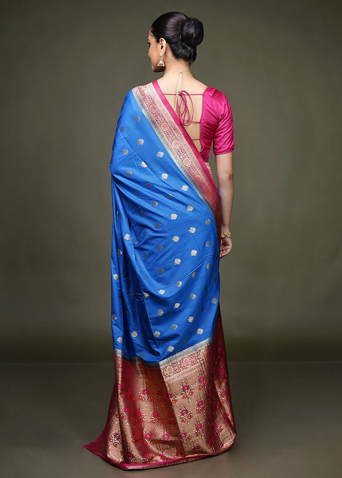 Blue Dupion Silk Saree With Blouse Piece - Image 3