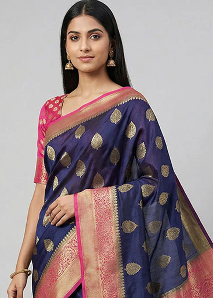 Blue Dupion Silk Saree With Blouse Piece - Image 2