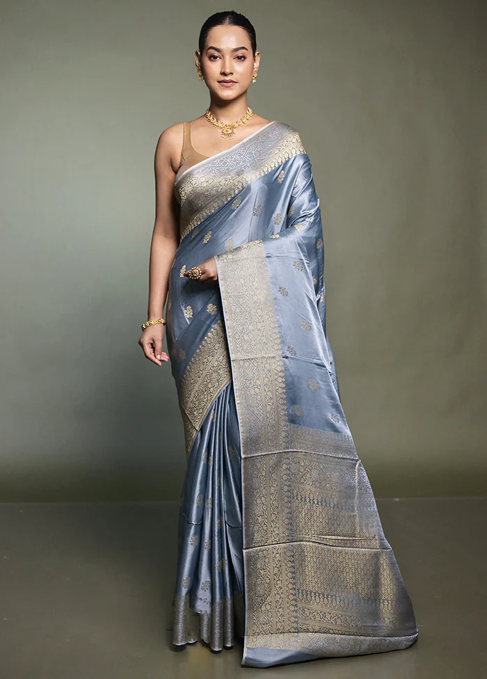 Blue Dupion Silk Saree With Blouse Piece