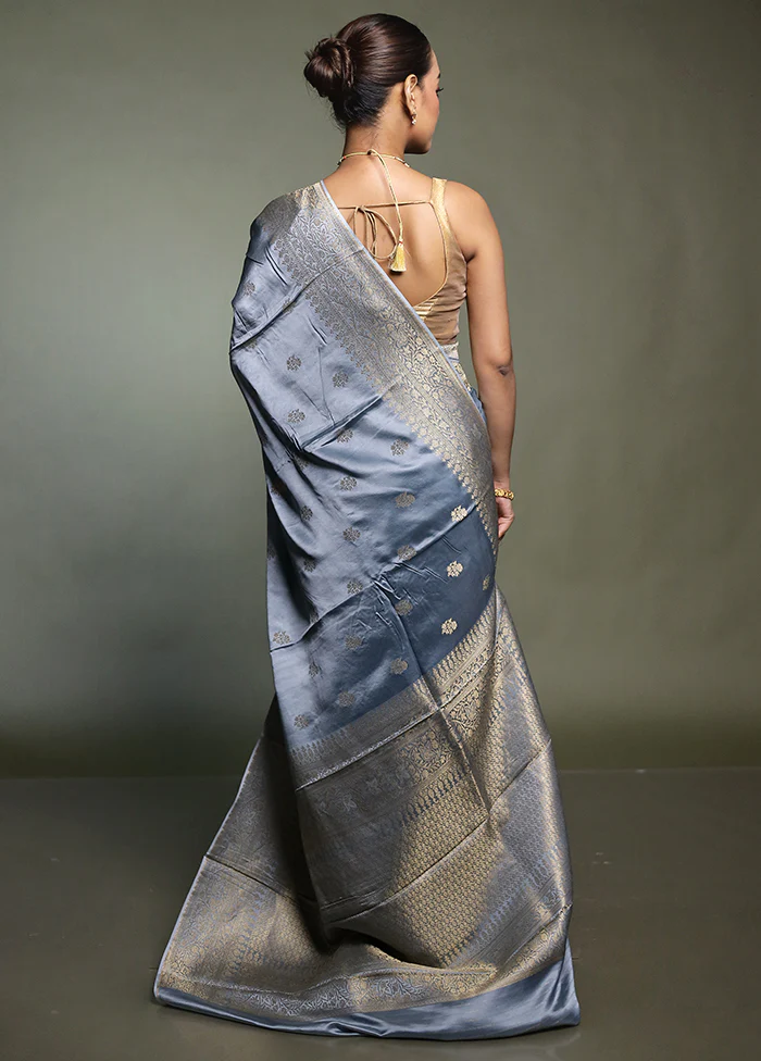 Blue Dupion Silk Saree With Blouse Piece - Image 3