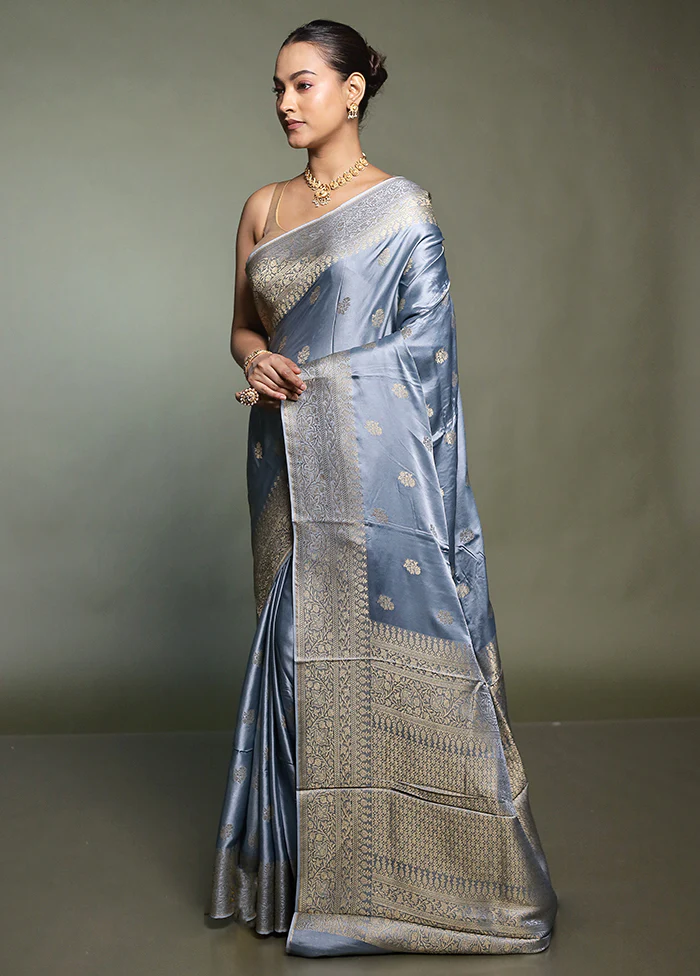 Blue Dupion Silk Saree With Blouse Piece - Image 4