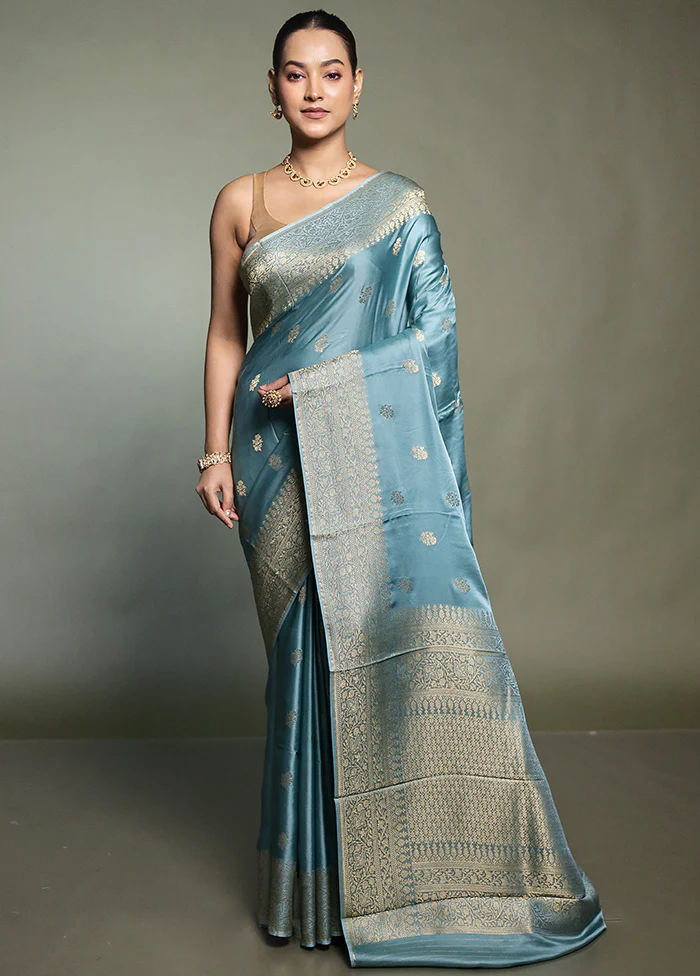 Blue Dupion Silk Saree With Blouse Piece