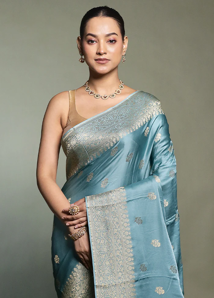 Blue Dupion Silk Saree With Blouse Piece - Image 2