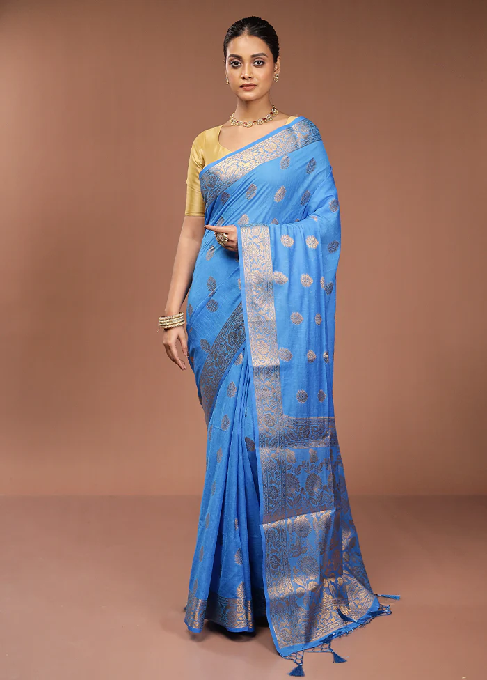 Blue Dupion Silk Saree With Blouse Piece - Image 2