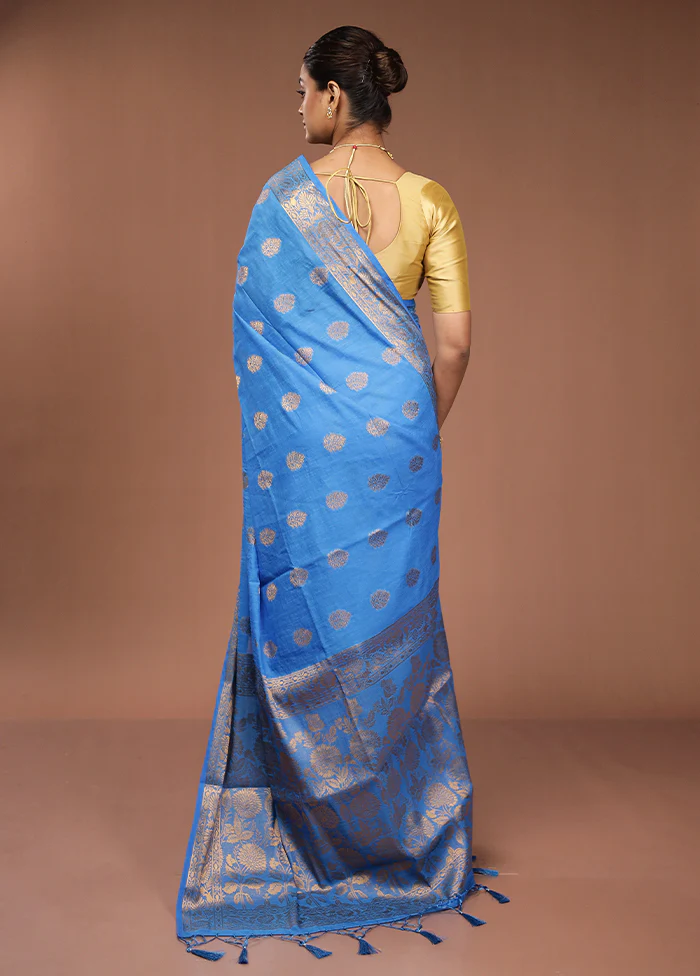 Blue Dupion Silk Saree With Blouse Piece - Image 3