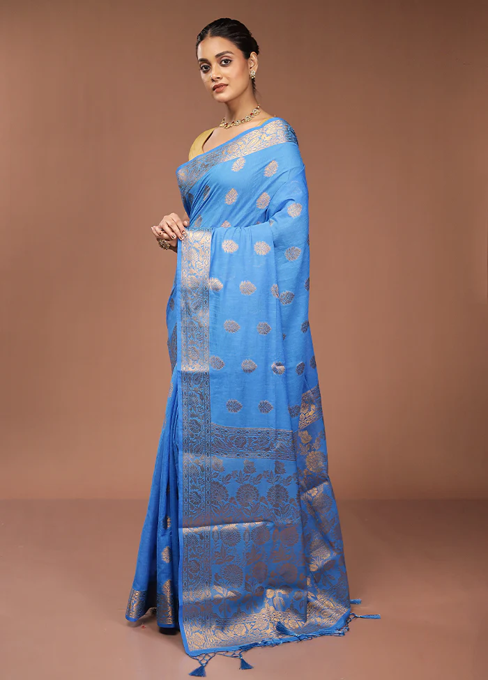 Blue Dupion Silk Saree With Blouse Piece - Image 4