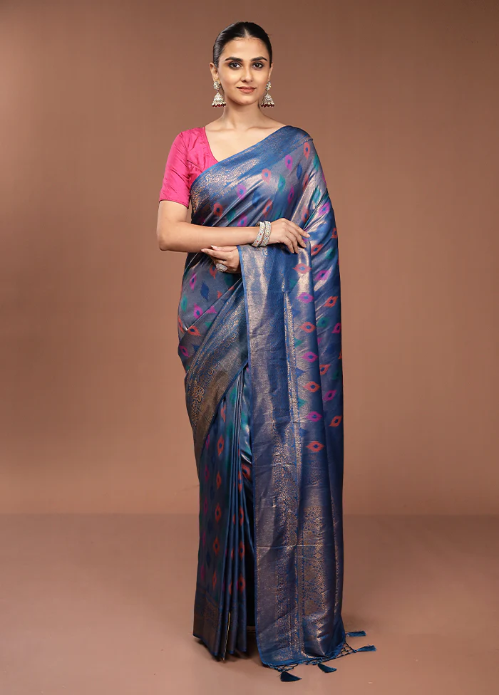 Blue Dupion Silk Saree With Blouse Piece - Image 2