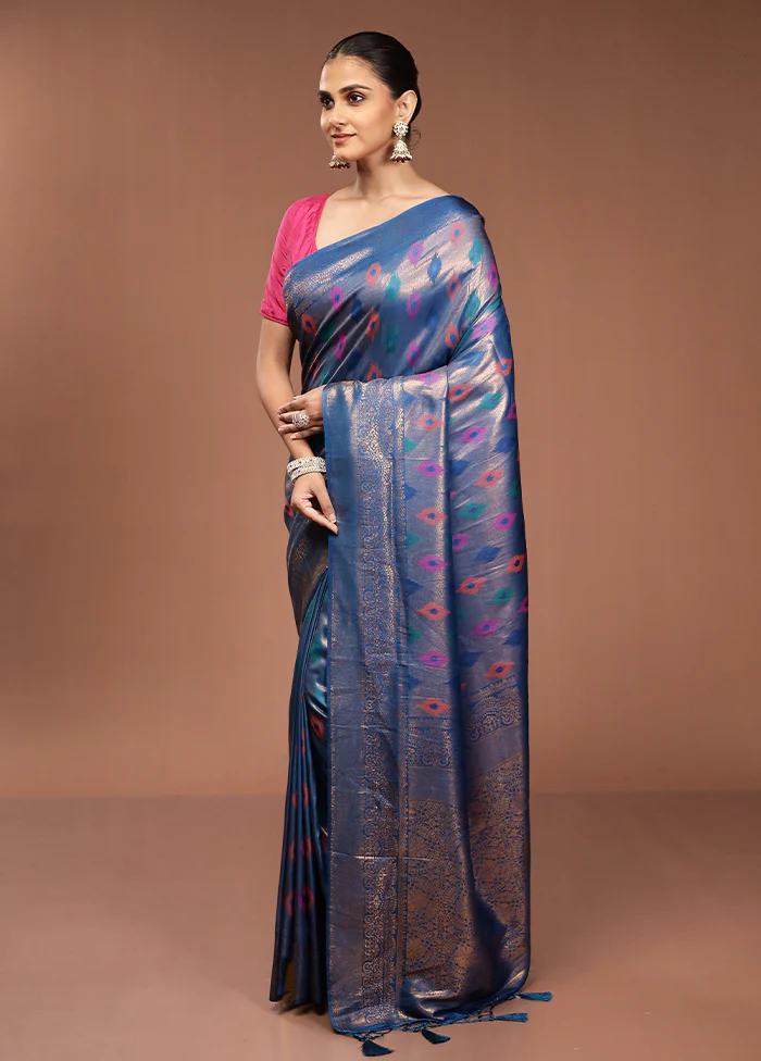 Blue Dupion Silk Saree With Blouse Piece - Image 4