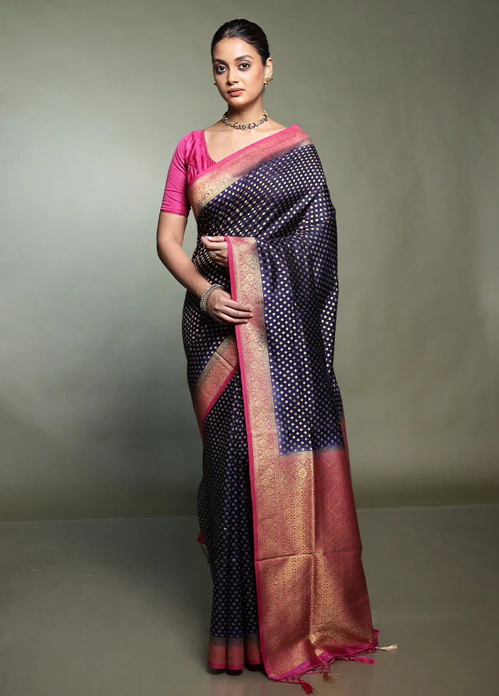Blue Dupion Silk Saree With Blouse Piece - Image 2