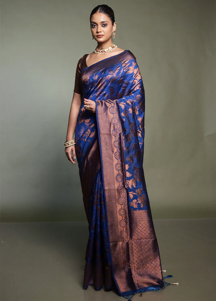 Blue Dupion Silk Saree With Blouse Piece - Image 2