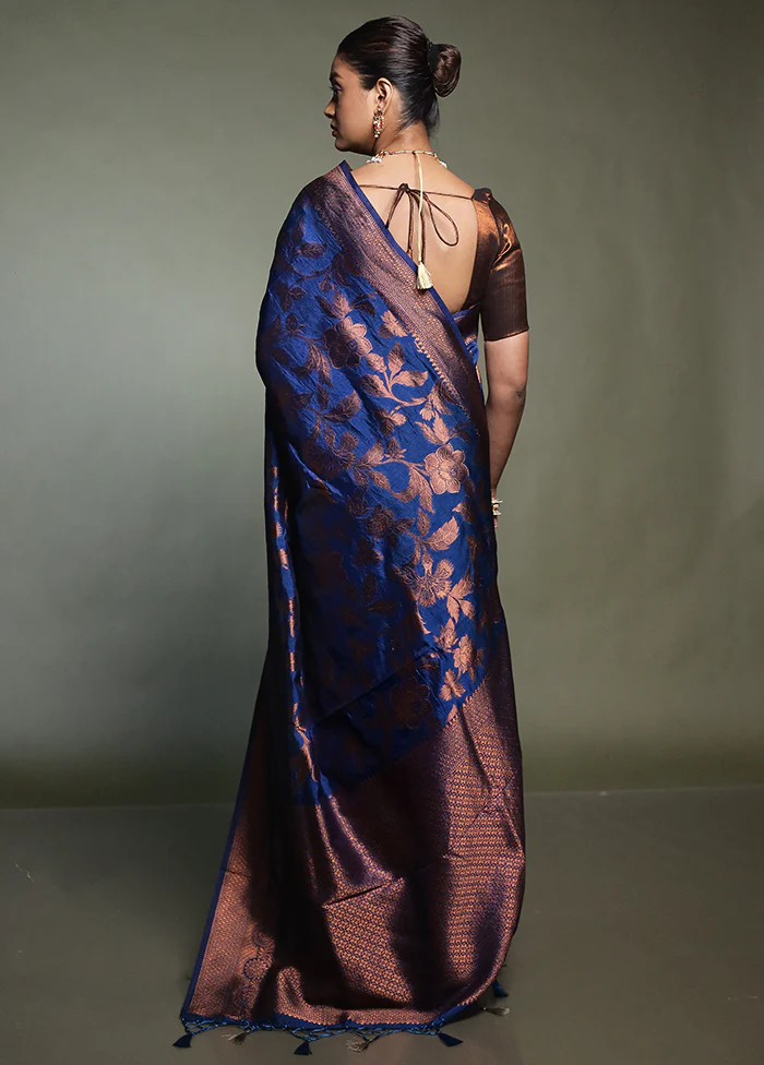 Blue Dupion Silk Saree With Blouse Piece - Image 3