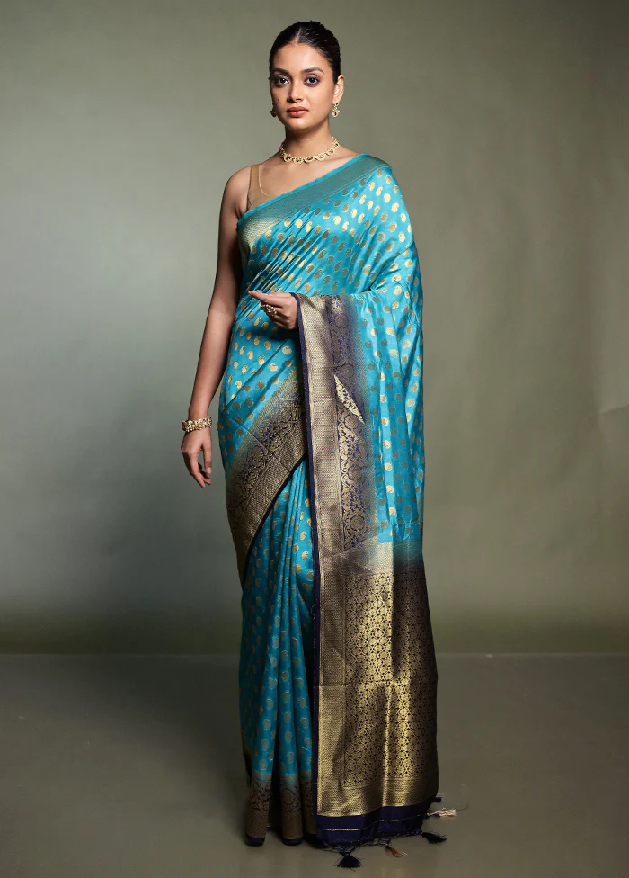 Blue Dupion Silk Saree With Blouse Piece - Image 2