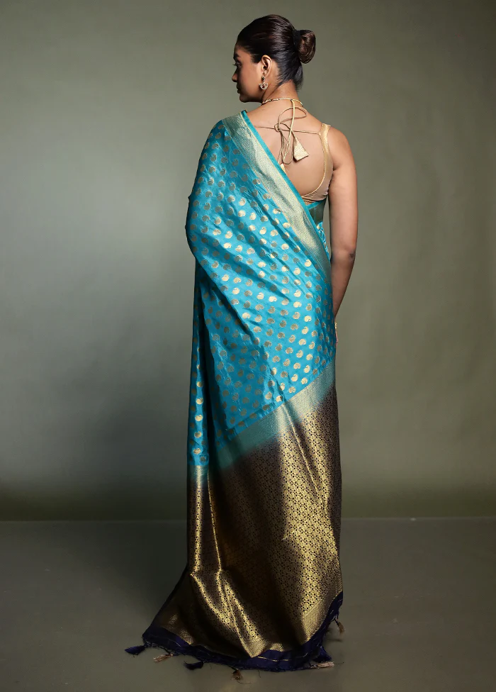 Blue Dupion Silk Saree With Blouse Piece - Image 3