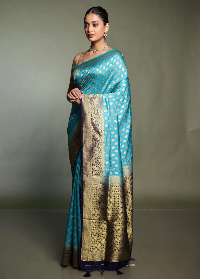 Blue Dupion Silk Saree With Blouse Piece - Image 4
