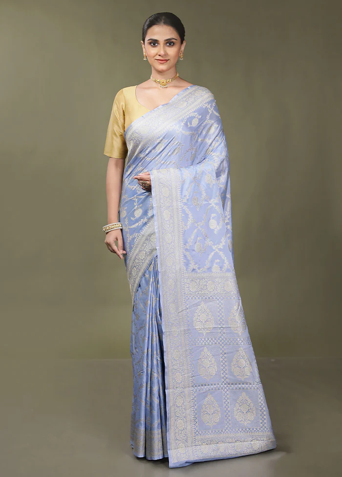 Blue Dupion Silk Saree With Blouse Piece - Image 2