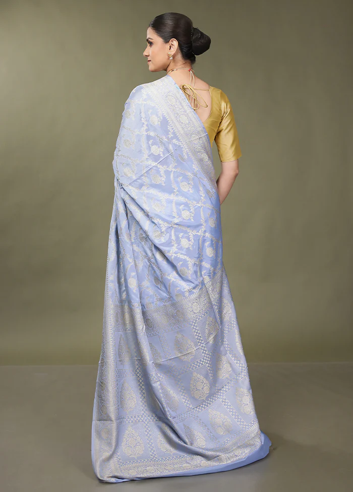 Blue Dupion Silk Saree With Blouse Piece - Image 3