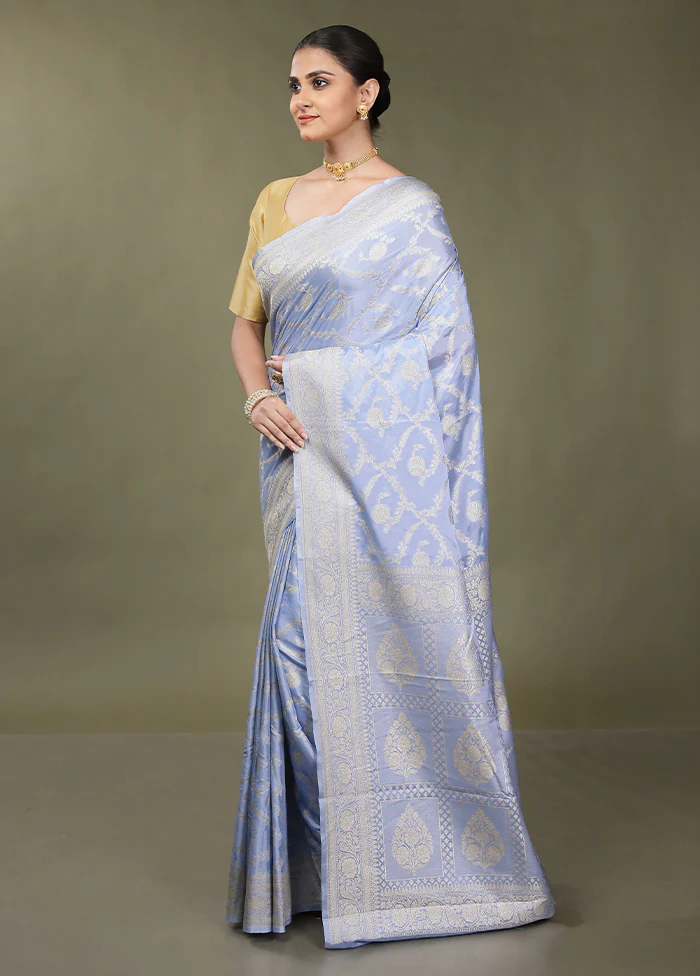 Blue Dupion Silk Saree With Blouse Piece - Image 4
