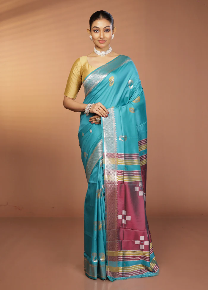 Blue Dupion Silk Saree With Blouse Piece - Image 2