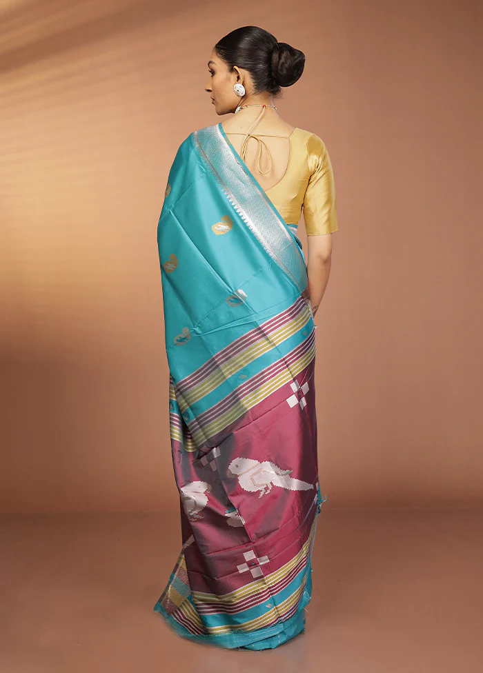 Blue Dupion Silk Saree With Blouse Piece - Image 3