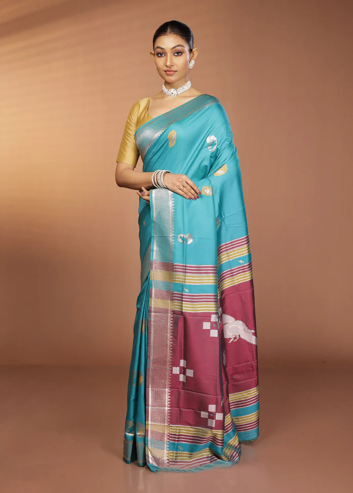 Blue Dupion Silk Saree With Blouse Piece - Image 4