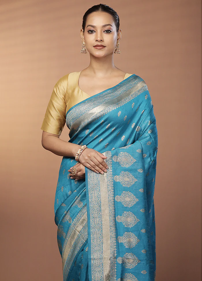 Blue Dupion Silk Saree With Blouse Piece
