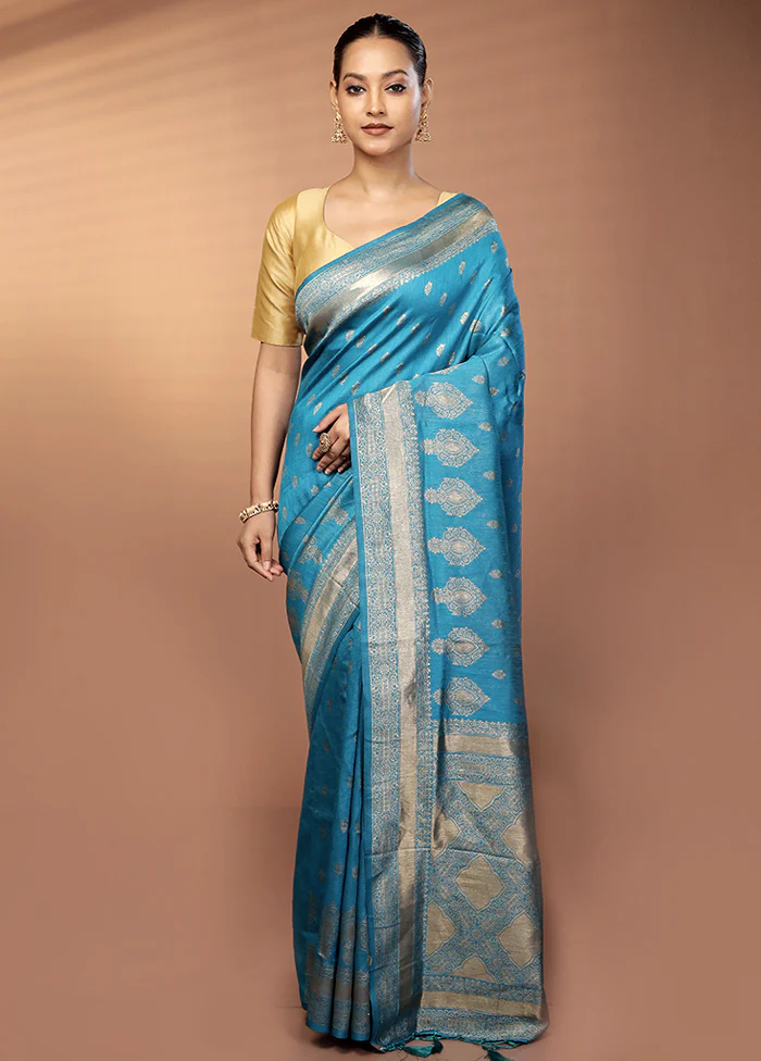 Blue Dupion Silk Saree With Blouse Piece - Image 2