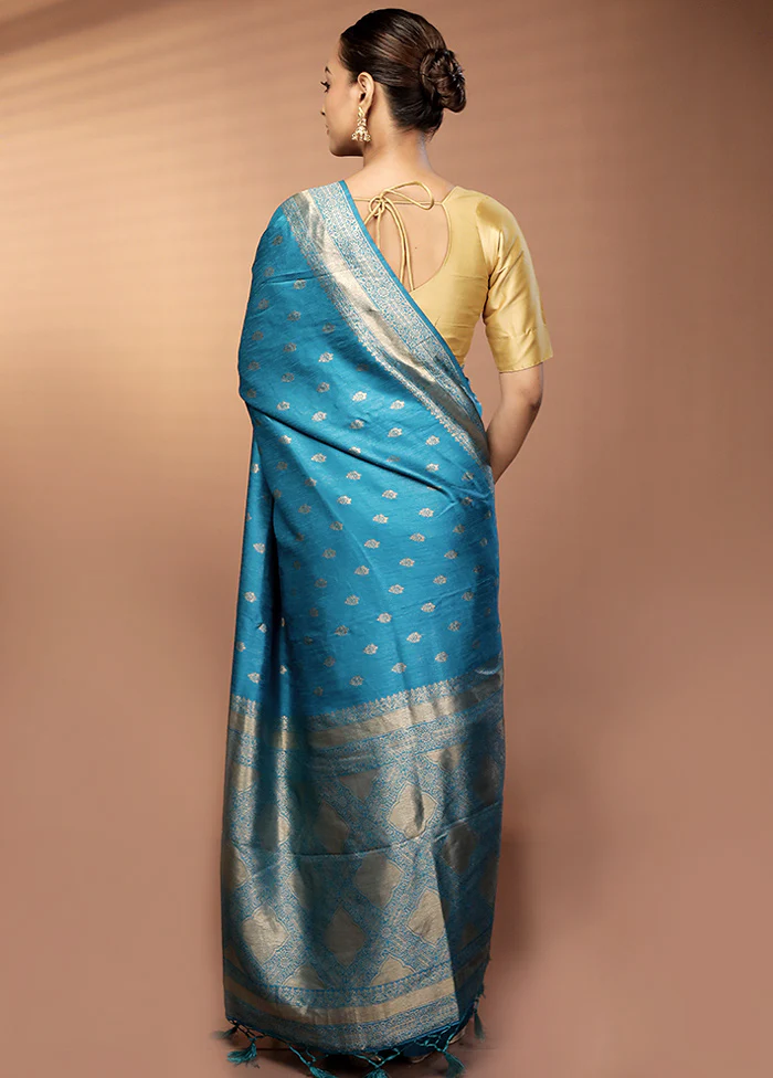 Blue Dupion Silk Saree With Blouse Piece - Image 3