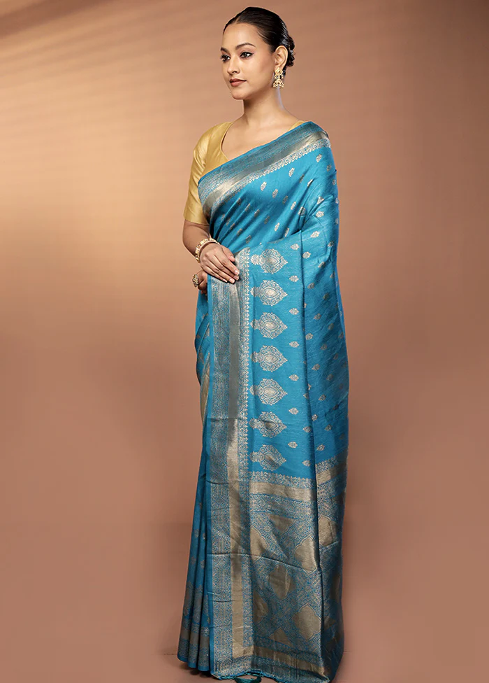 Blue Dupion Silk Saree With Blouse Piece - Image 4