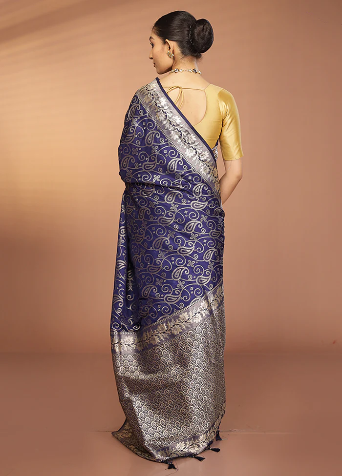 Blue Dupion Silk Saree With Blouse Piece - Image 3