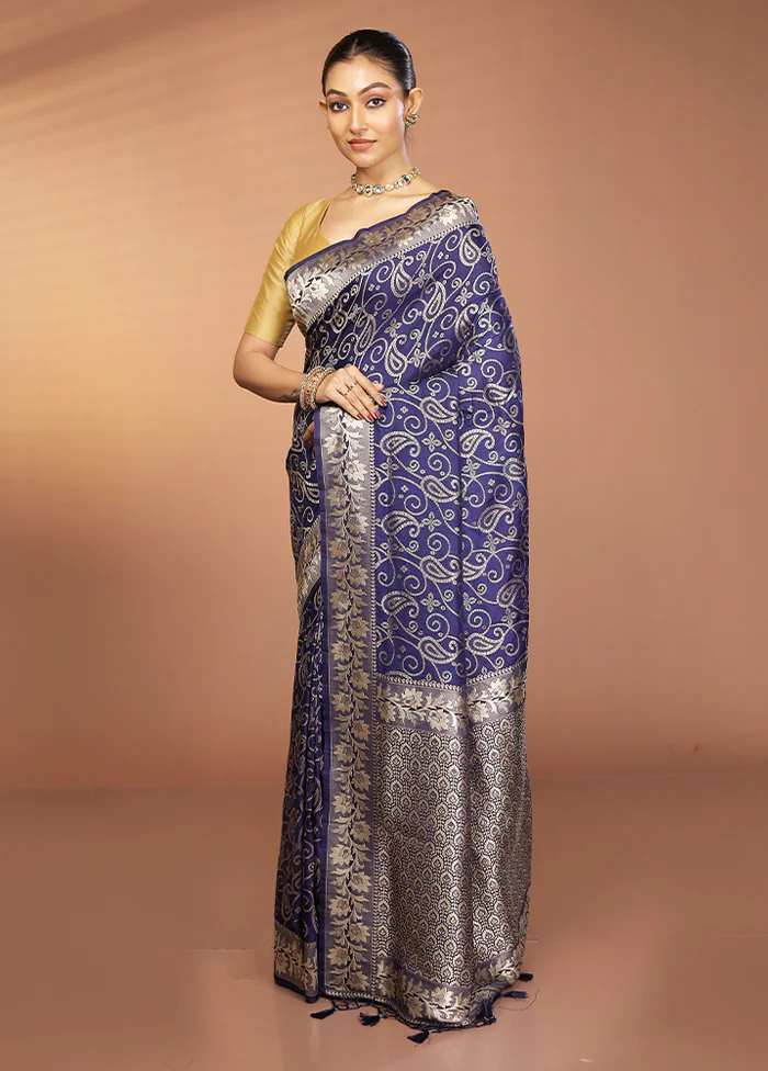 Blue Dupion Silk Saree With Blouse Piece - Image 4