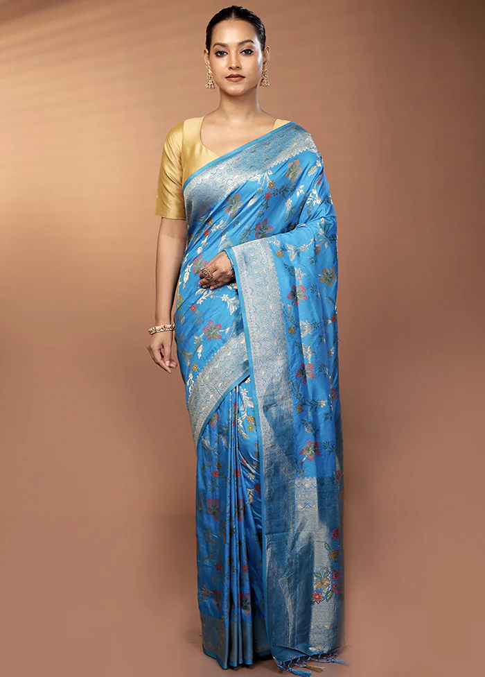 Blue Dupion Silk Saree With Blouse Piece - Image 2
