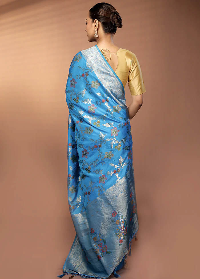 Blue Dupion Silk Saree With Blouse Piece - Image 3