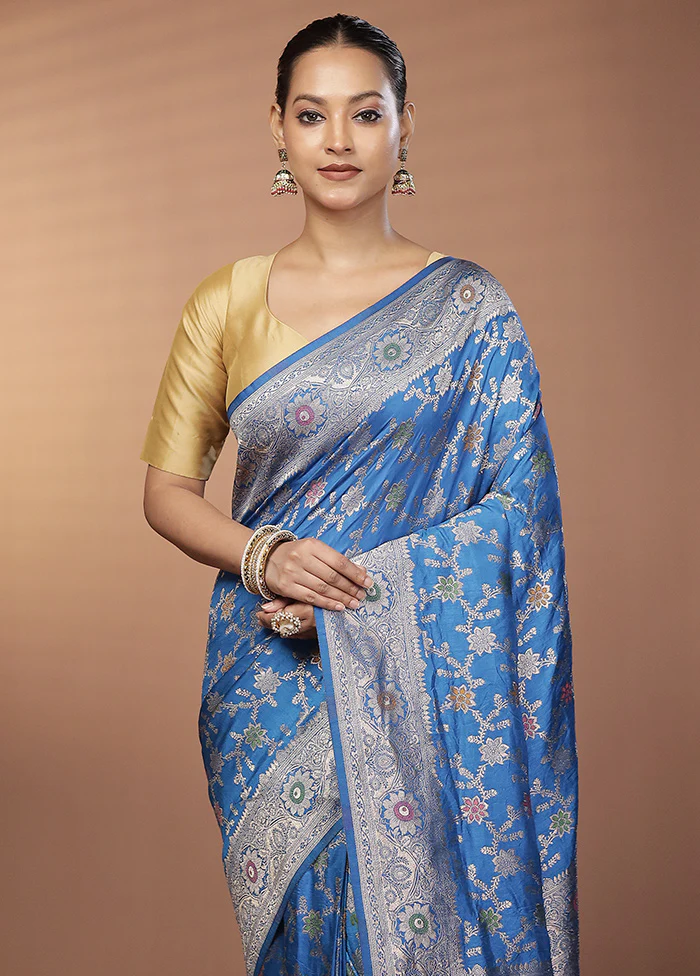 Blue Dupion Silk Saree With Blouse Piece