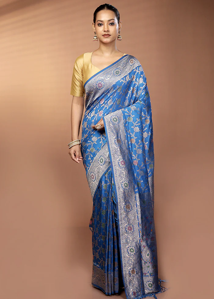 Blue Dupion Silk Saree With Blouse Piece - Image 2