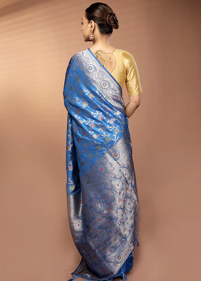 Blue Dupion Silk Saree With Blouse Piece - Image 3