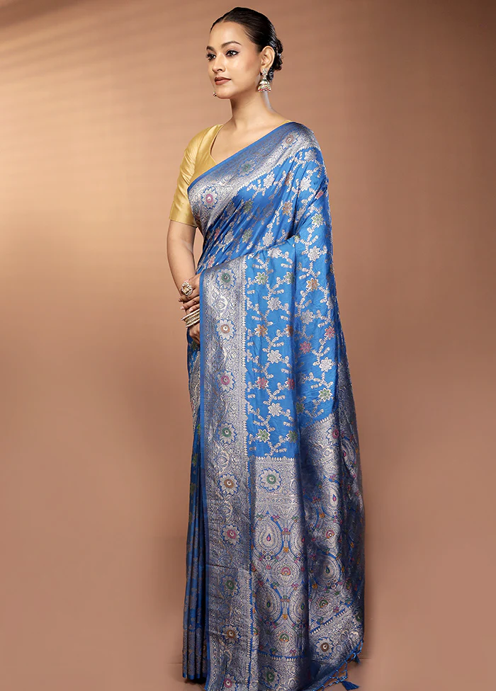 Blue Dupion Silk Saree With Blouse Piece - Image 4