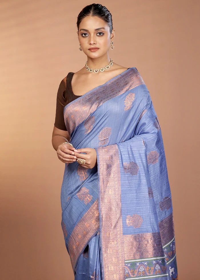 Blue Dupion Silk Saree With Blouse Piece