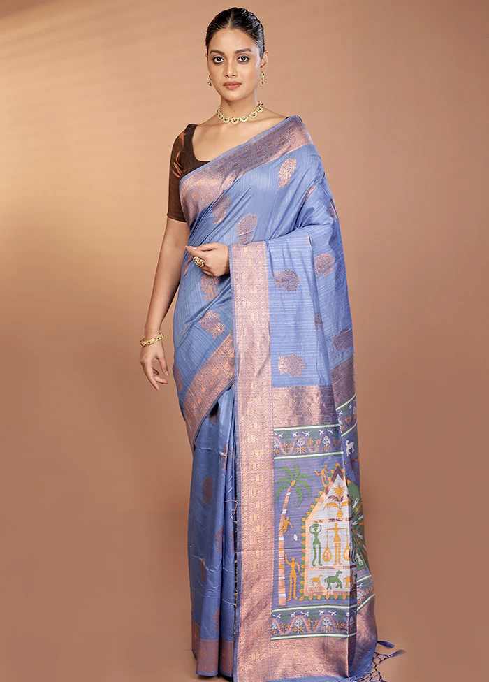 Blue Dupion Silk Saree With Blouse Piece - Image 2