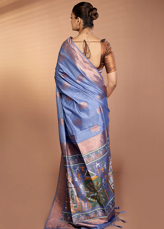 Blue Dupion Silk Saree With Blouse Piece - Image 3
