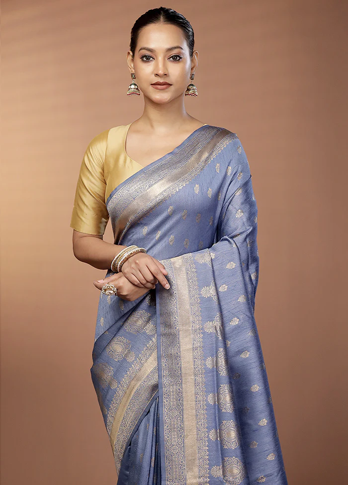 Blue Dupion Silk Saree With Blouse Piece