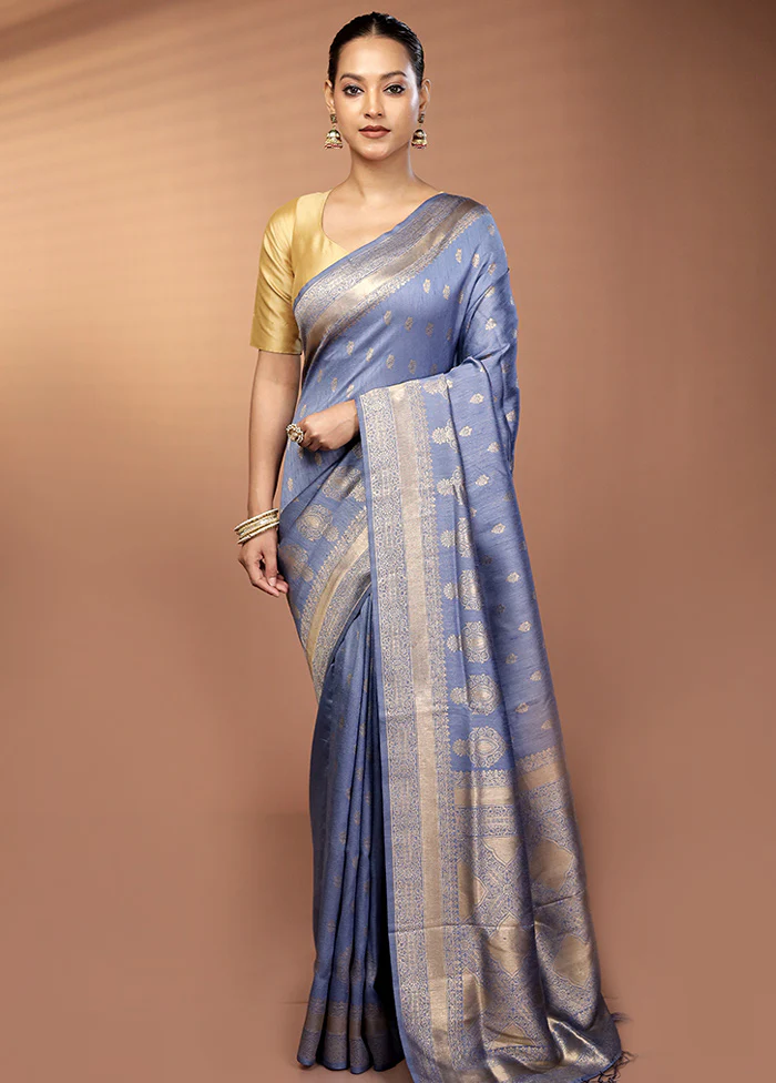 Blue Dupion Silk Saree With Blouse Piece - Image 2