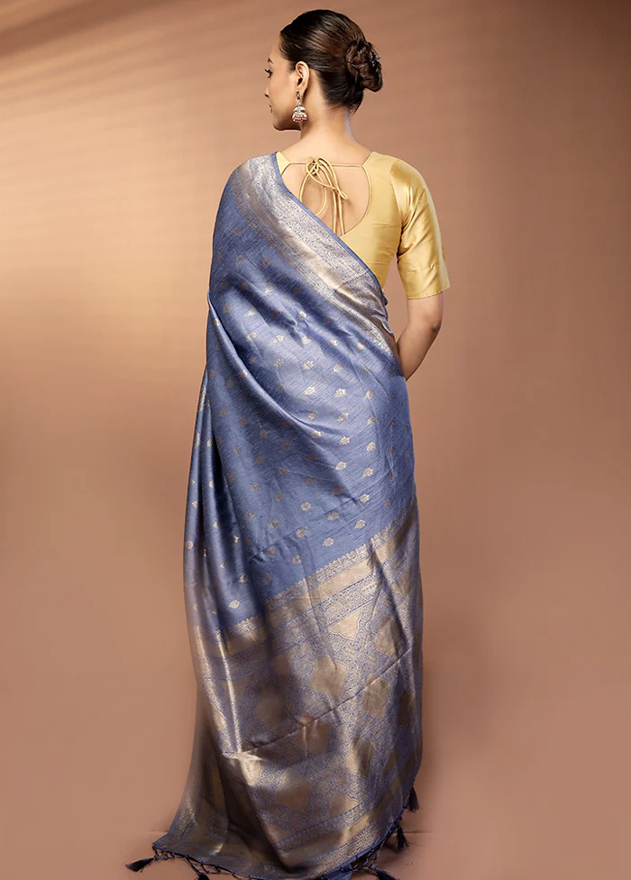 Blue Dupion Silk Saree With Blouse Piece - Image 3