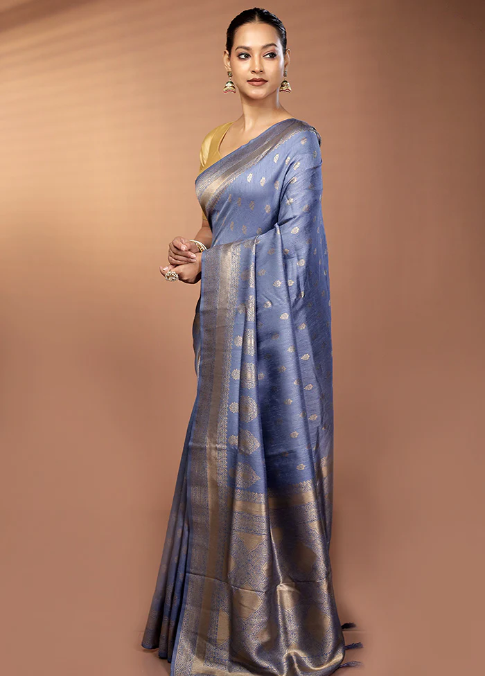 Blue Dupion Silk Saree With Blouse Piece - Image 4