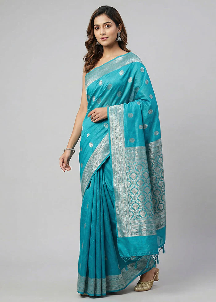 Blue Dupion Silk Saree With Blouse Piece