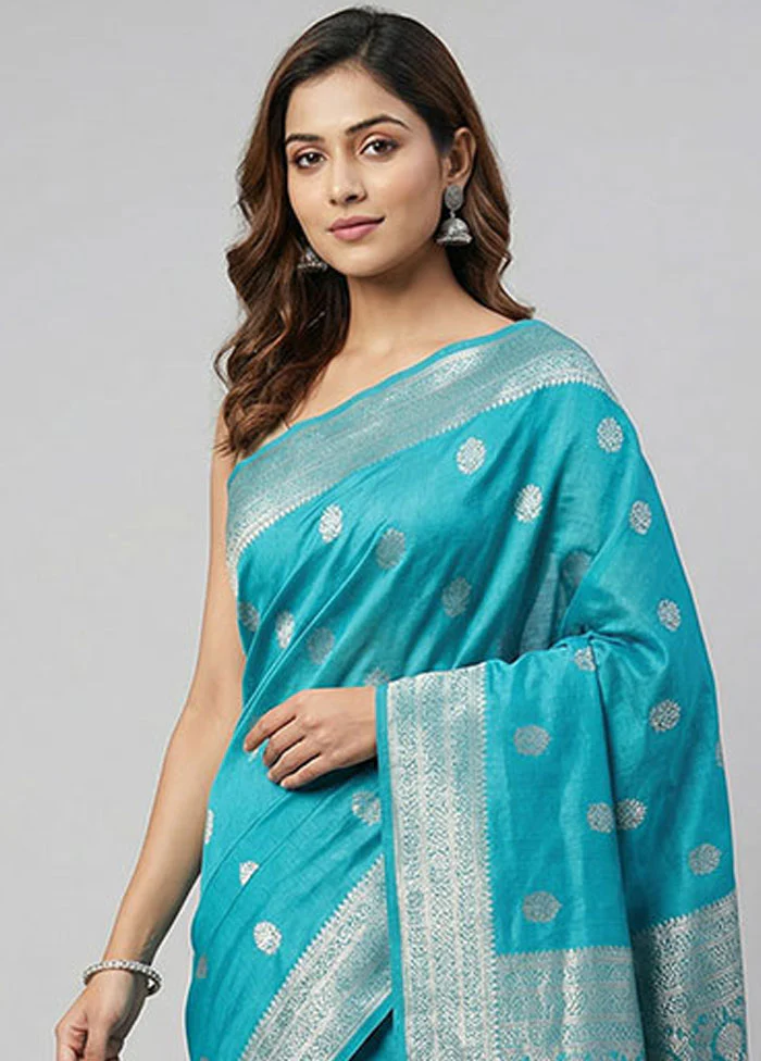 Blue Dupion Silk Saree With Blouse Piece - Image 2