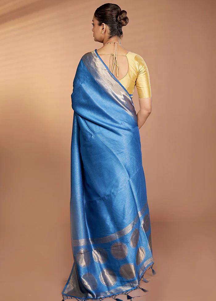 Blue Dupion Silk Saree With Blouse Piece - Image 3